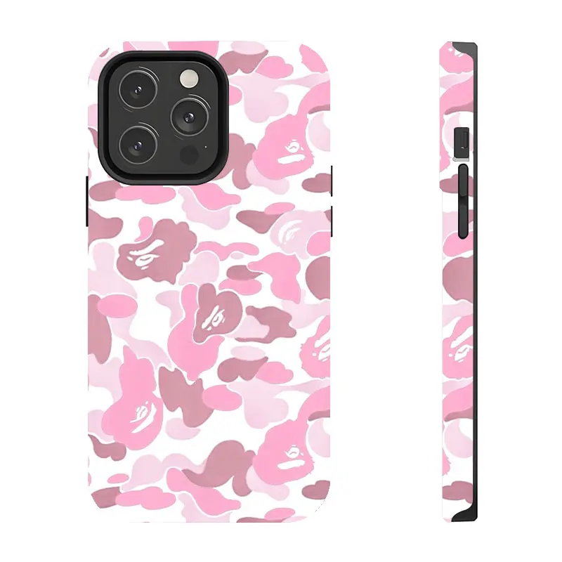 Pink Camouflage Ape Head Durable Shockproof Smartphone Case with Camera Guard, Protective Casing for iPhone 11-17 Pro Max/Plus, Samsung Galaxy S23-25 Devices, Handheld
