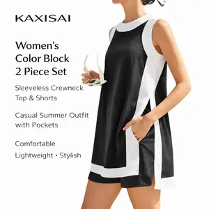 Women's Color Block 2 Piece Set Sleeveless Crewneck Top & Shorts Matching Lounge Set Casual Summer Outfit with Pockets for Daily Wear - Clothes, Womenswear