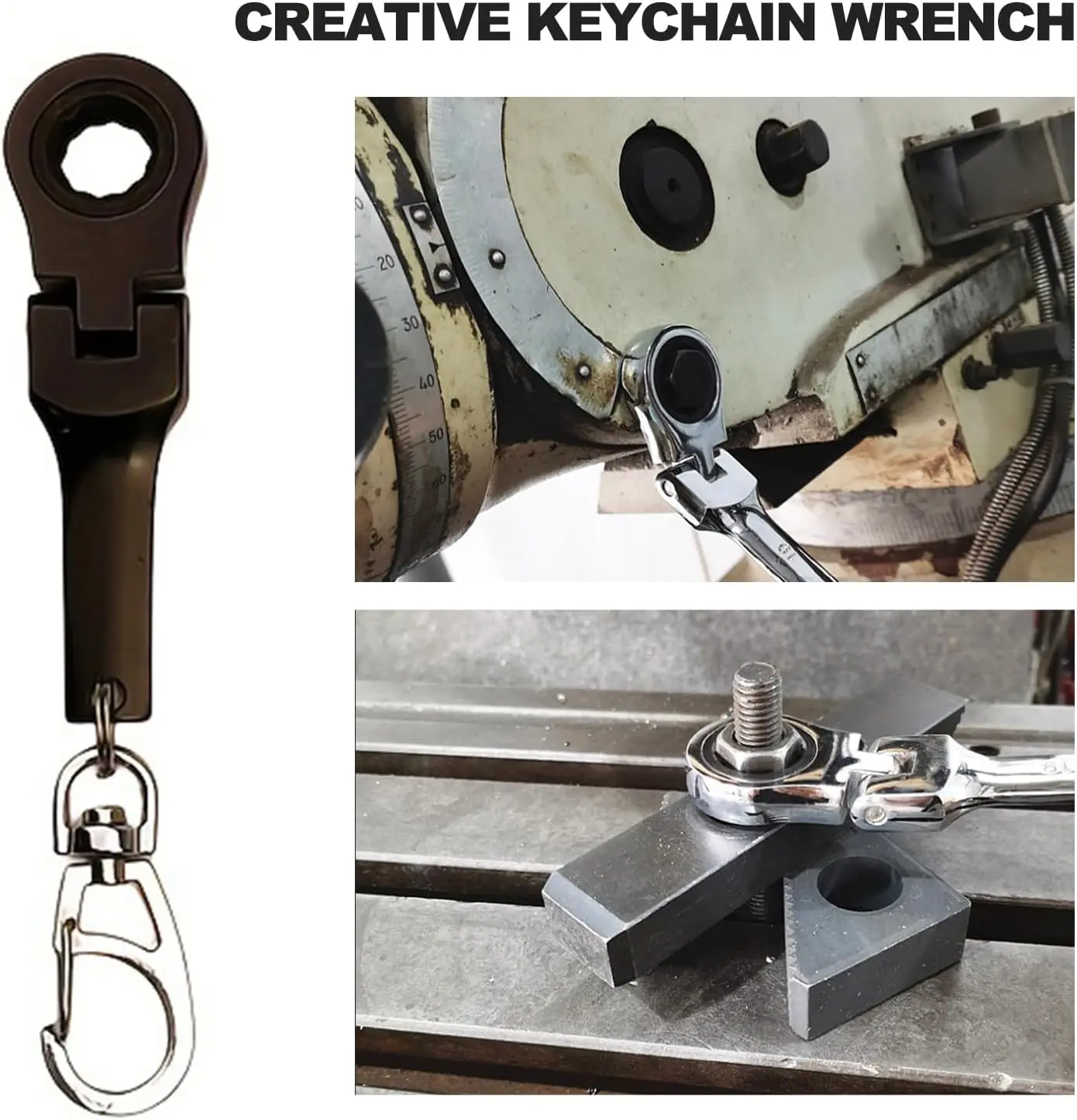 VAYWET 10mm Socket Ratchet Wrench Keychain Mini Shaped Metal Alloy Racing 180° Flex Head Functional Spanner Key Chain Ring Keyring Adjustable Wrench Tools, Gift For Specific 72-Tooth Mechanic (Neo Chrome Plating / Black / Silver), Unique Gifts For Man, Me