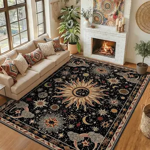 Vintage Boho Area Rugs, Washable Friendly Non-Slip RugGothic Sun and Moon Printed Pattern Low Pile Carpet for Living Room Bedroom Dining Room Hallway Entryway,Black Gold Beige Red