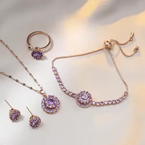 5PCS Purple Rotating Jewelry Set, Necklace for Women Rotating Micro Paved Zircon Pendant Earrings Ring Bracelet Set Clavicle Chain