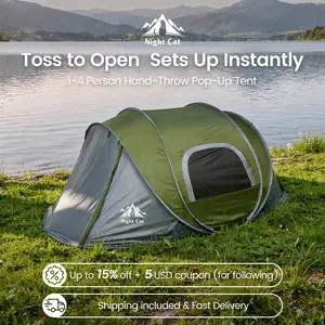 Night Cat Automatic Pop Up Breathable Waterproof Tent - 9.5'x6.6'x4', 3s Quick Setup, 40% Smaller Pack, 2-4P Spacious with Front Porch, 3000mm Waterproof Outdoor Tent, Lightweight Canopy Shelter for Camping, Hiking, Backyard, Shelter Tent, Beach Tent summ