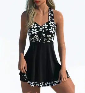 WF-2025Hot Selling Vintage Black Flower Print Bikini Set Women's High Waist Swimsuit Fashion Beachwear Short Skirt