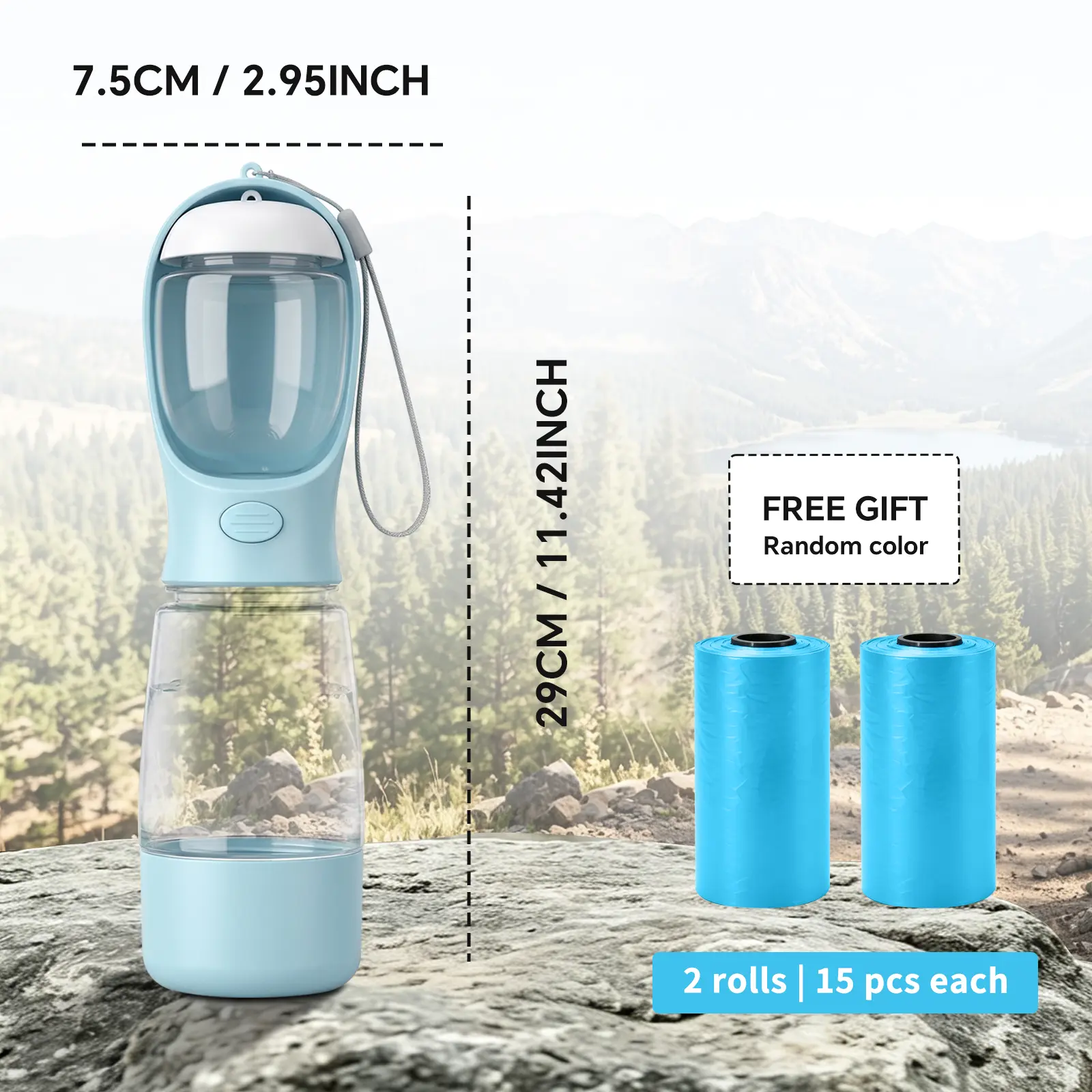 Portable 3-in-1 Dog Water Bottle,  with 2 Rolls Waste Bags (30 Pcs Total), Food Container & Built-in Poop Bag Dispenser (29cm x 7.5cm/11.42in x 2.95in) - Leak-Proof Travel Dog Cup for Walking, Hiking, with 2 Rolls Waste Bags (30 Pcs Total)