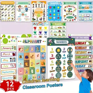 12 Educational Posters Set, Weather, Months, Days, Numbers, Letters, Shapes, Colors, Fruits, Vegetables, Face Recognition, Classroom Decor