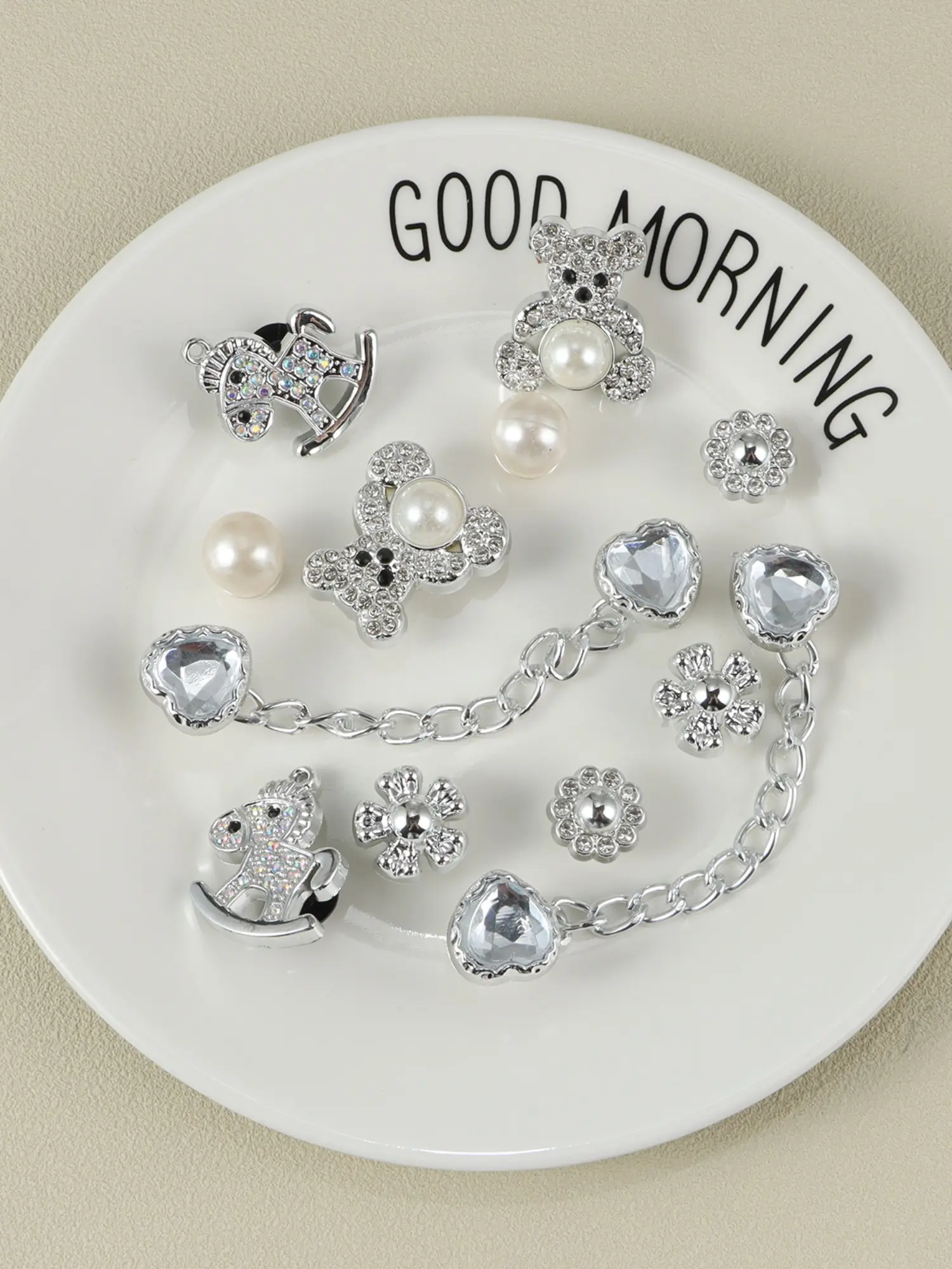 12PCS DIY Clog Shoe Charms Silver Rocking Horse Bear Heart Pearl Chain Detachable Cute Shoe Decorations Decorative Shoe Accessories for Croc Shoes DIY Crafts Fashion Gifts for Women Girls Sparkling Shoe Charms Shoe Charm Set