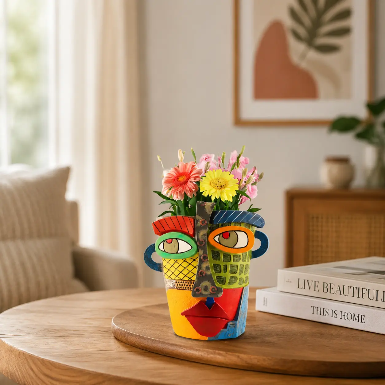 Abstract Human Face Resin Decorative Vase - 3D Multi-Color Double-Handled Art Sculpture Flower Container, Table Soft Decor Centerpiece