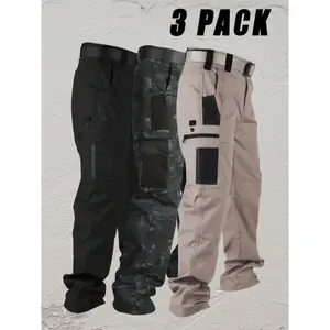 Tactical Pants 3Pcs Men's Cargo Hiking Tactical Pants Elastic Waist Relaxed Straight Leg Breathable Durable Perfect for Outdoor Adventures Hiking Camping Fishing Casual Wear Menswear Polyester Beige Pocket Trouser
