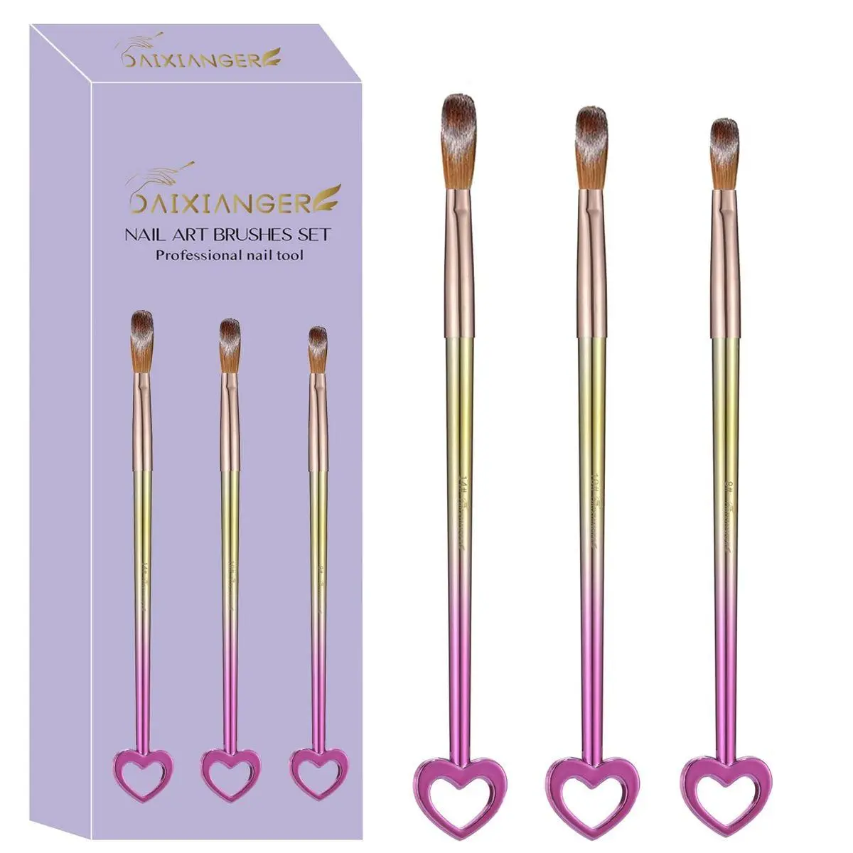3Pcs Professional Acrylic Nail Brush Set, Size 8/10/14, Gradient Handle Heart-Shaped Nail Brushes for Acrylic Application Powder & Nail Extension, 3D Nail Carving Tools for DIY Home Salon