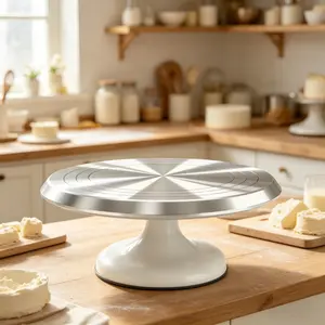 Aluminum cake turntable with a smooth 360-degree rotation stand, non-slip base, heavy-duty stable cake decorating turntable, suitable for baking, decorating and pastry making.