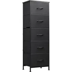 Fabric Dresser, 5-Drawer Tall Dresser for Bedroom, Storage Organizer with Fabric Bins, Wood Top, Sturdy Steel Frame, Chest of Drawers for Closet, Hallway, Charcoal Black
