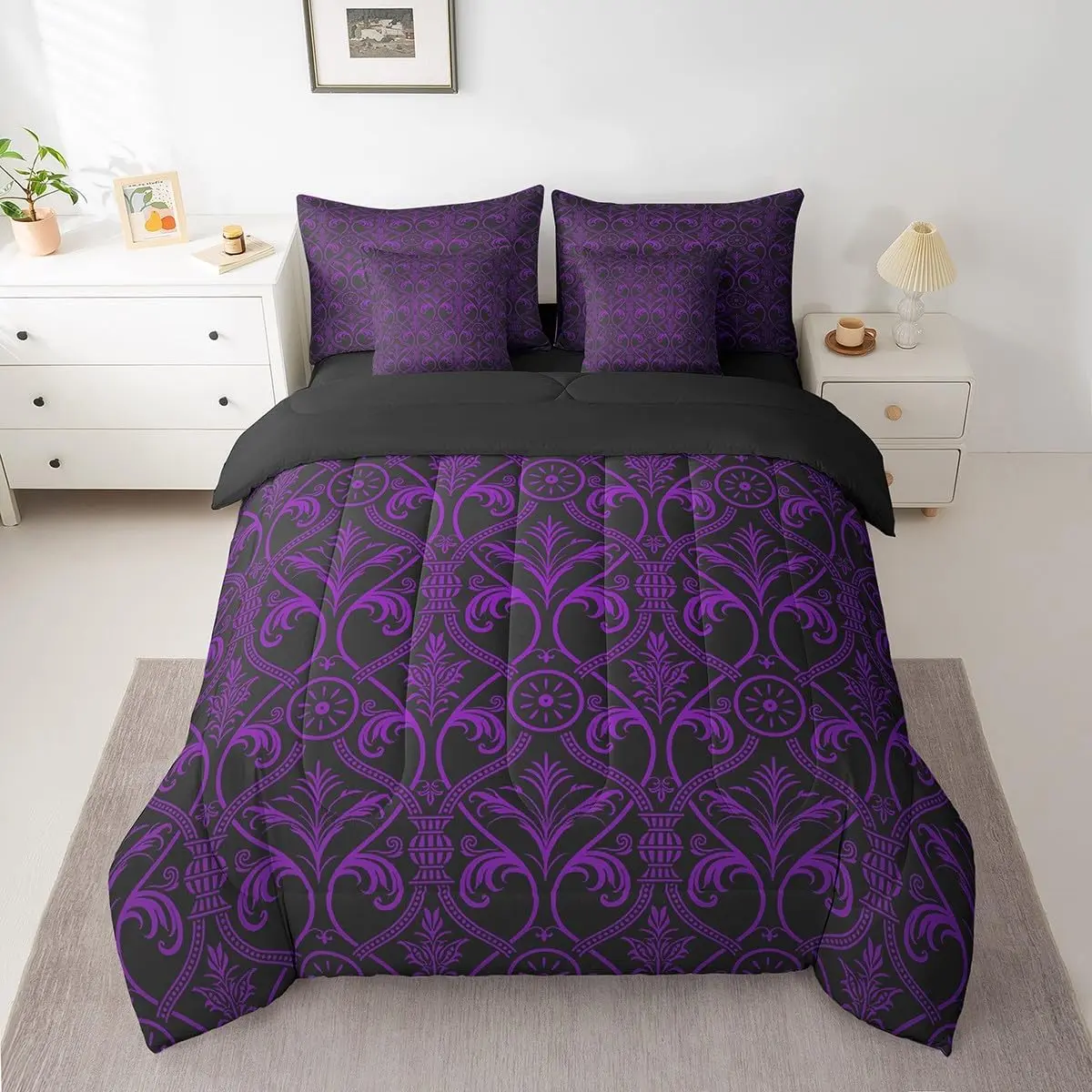 Purple Black Ombre Gothic 7 Piece Bedding Set,Vintage Goth Floral Damask Comforter Set,Antique Victorian Baroque Bed in A Bag,Reversible Bed Set, Bedding Sets, Queen Bedding Sets