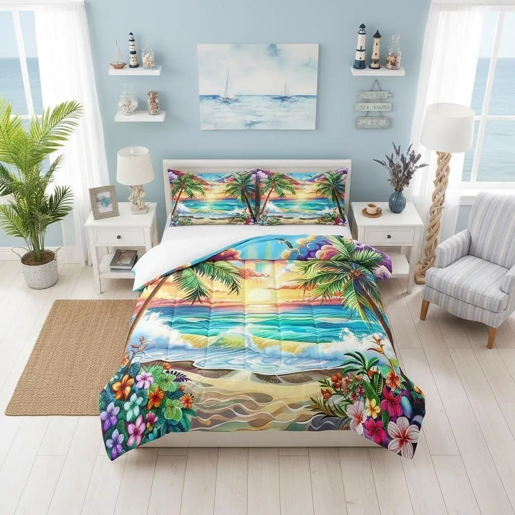 Hawaii Seaside Comforter Setsummer Ocean Waves SunSet,Sky Paint Bedding Set for Teens Adults,Tropical Flowers Coconut Palm Trees Down Comforter,Orange Teal