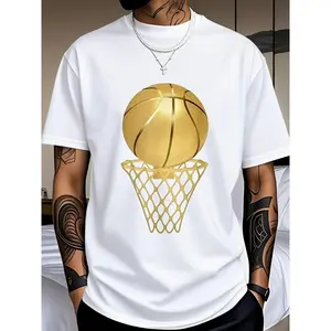 Mens Basketball Graphic Short Sleeve T Shirt Gold Ball Hoop Net Streetwear Crewneck Casual Athletic Tee For Gym Pickup Games Sports Fans