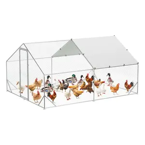 Galvanized Steel Walk-In Chicken Coop Run, Anti-Ultraviolet Water-Proof Cover, Spire Roof Metal Poultry Pen for Outdoor Farm Use