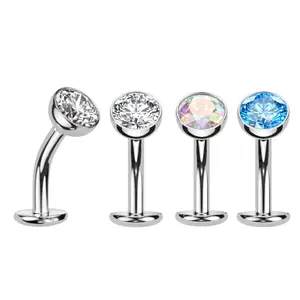 Titanium Bezel Set Floating Belly Button Ring Internally Threaded Gem 14g