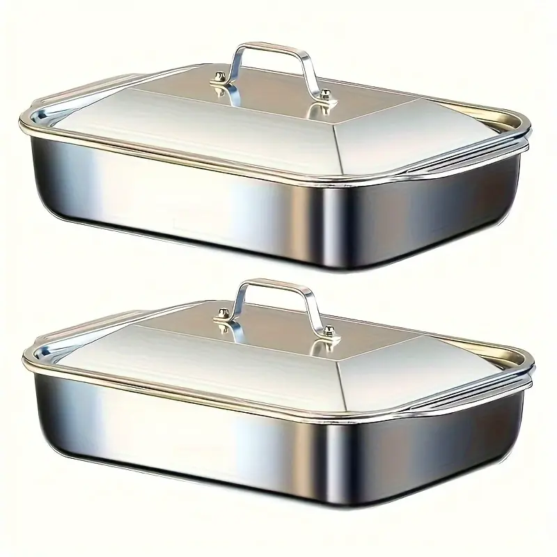 4-piece Set: 2 Deep Pans and 2 Lidded Pans with Handles, Stainless Steel Rectangular Baking Pans with Steel Lids - 6-liter Large Capacity, 16.14-inch Deep Baking Pan, Fish Pan, Roasting Pan, Lasagna Pan, Chicken, Dishwasher Safe, Gift for Men
