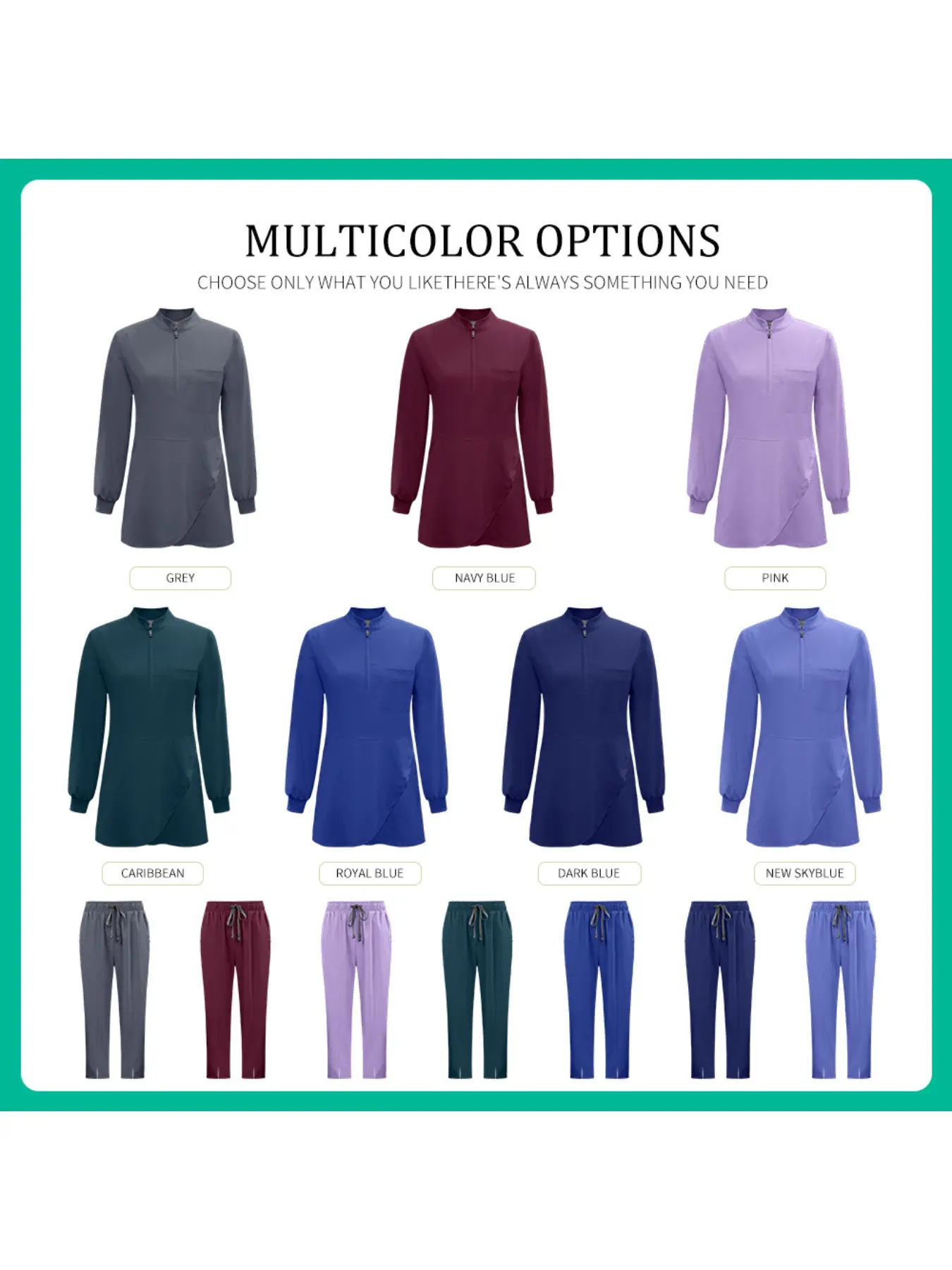 Long Sleeve Scrub Women Fitted Straight Pants Sets Multi-Color Casual Hospital Working Scrubs Nurse Doctor Uniforms Hospital Healthcare Workwear Muslim Style Uniform Nursing Scrubs Medical Scrub Sets