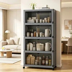 3/4/5-tier large-capacity plastic storage box with lid, foldable organizer and storage cabinet with universal wheels, stackable storage boxes, Foldable Storage Bins, magnetic door household clothing, snacks, and miscellaneous items storage boxs