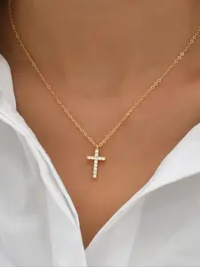 1 piece of women's fashion cross-style diamond necklace, gold-plated cross pendant, simple and elegant chain design, ideal for everyday wear, weddings, engagement parties, Halloween, and Christmas, Dainty Cross Necklace