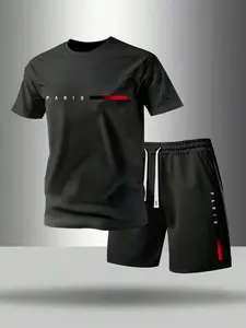 Men's Summer Regular Fit Short Sleeve T-Shirt and Shorts Set with Paris Letter Pattern Print, Stylish Casual Outdoor Men's Pocket Sports Elastic Waist Drawstring Pants Two-Piece Set, Suitable for Running, Golf, Fishing, Basketball, Camping, Gym, Swimming,