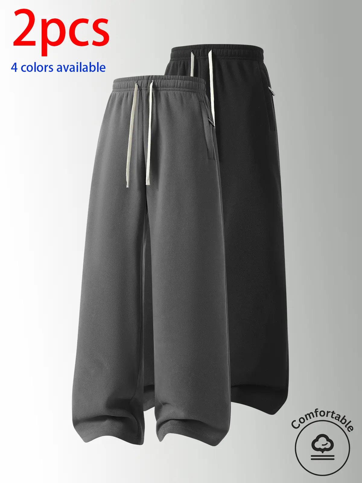 2-pack men’s long pants—casual straight-leg trousers with an elastic waistband and a drawstring at the waist; simple, loose wide-leg straight cut that elongates the figure vertically; suitable for commuting, campus, sports, and everyday outings.