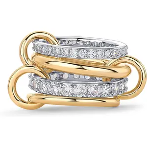 Gold Plated Interlocked Stackable Rings for Women - Statement Mixed Metals Multi Ring Stack - Cubic Zirconia Two-Toned Connected Bands Stacking Jewelry