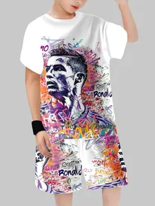 Kids CR7 Street Graffiti Football Sports Suit - Short Sleeve Tee & Shorts Jersey Shirt