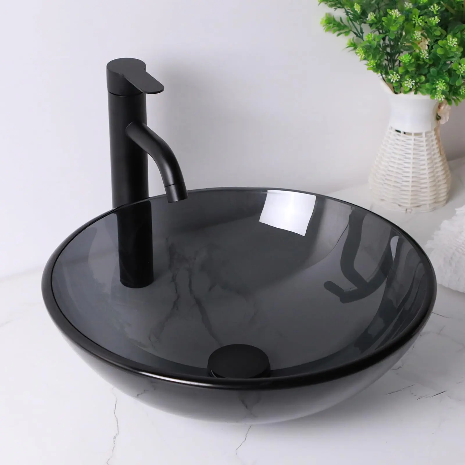 Lordear Bathroom Sink Vessel Sink for Bathroom 16'' Round Grey Glass Vessel Sink Artistic Vanity Basin with Pop Up Drain, Tempered Glass Sink 16x16 Inch