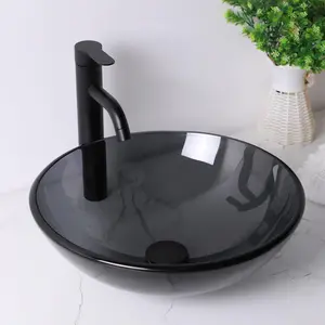 Lordear Bathroom Sink Vessel Sink for Bathroom 16'' Round Grey Glass Vessel Sink Artistic Vanity Basin with Pop Up Drain, Tempered Glass Sink 16x16 Inch