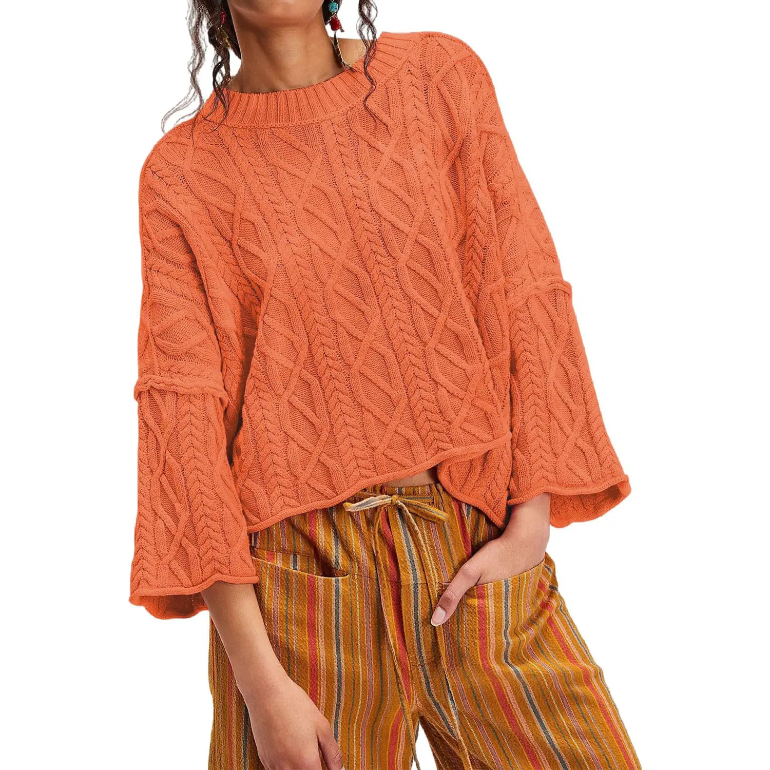 Chouyatou Women's Basic Autumn Acrylic Plain Cropped Knitwear - Oversized Round Neck Long-Sleeve Casual Loose Pull-On Pullover Top, Drop Shoulder, Ribbed Edges, Cropped Cut, Loose Fitting