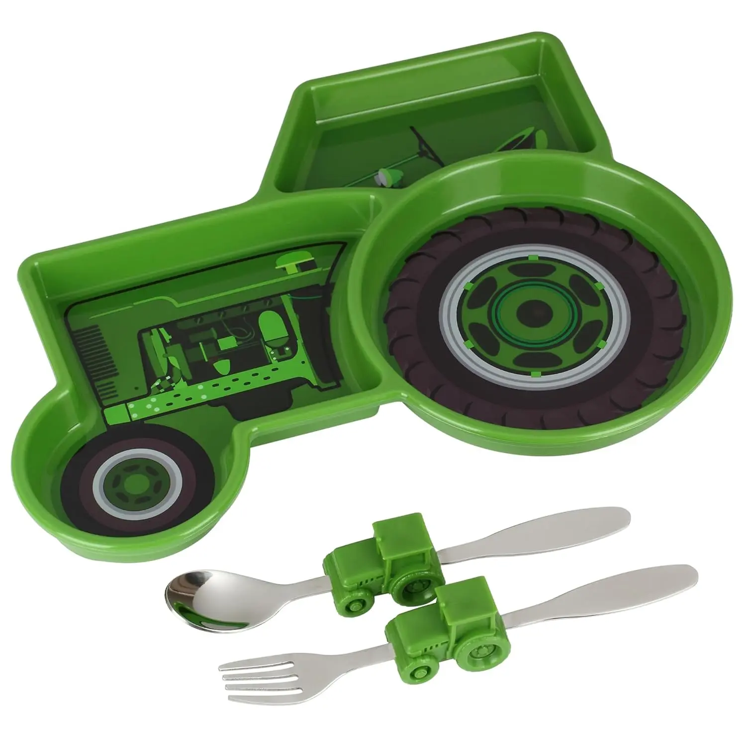Kids Tractor Plate Set, Unbreakable Plastic Divided Dinnerware with Spoon and Fork for Fun Toddler Mealtimes, Matching Utensils