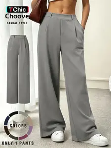Women's Casual Wide Leg Solid Pants, Side Pockets, Elastic Soft Fabric, Comfortable Long Trousers for Daily Wear, Trendy Bottoms for Women