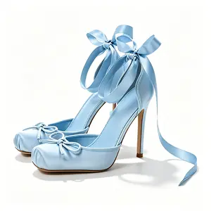 Women's Ballet Heels Satin High Heels for Women Square Toe Pumps with Oversized Bow & Ankle Ribbon Tie  Elegant Stiletto Heel Cute Toe Bow Detail Satin Material Fashion Statement Footwear for Parties Special Occasions outdoorfun