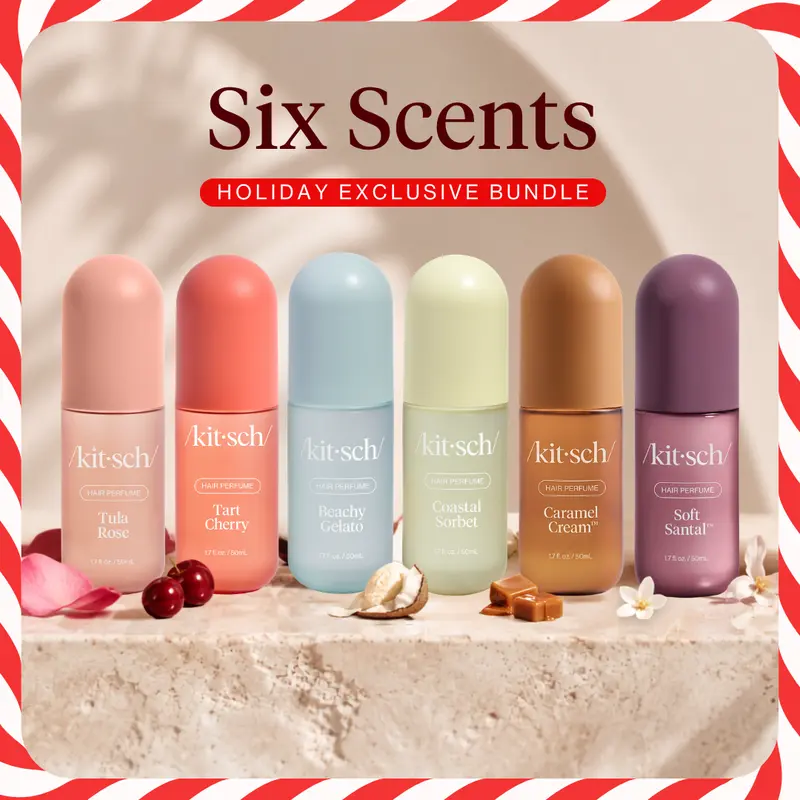 Kitsch Six Scents Holiday Exclusive Bundle | 6 Full-Size Hair Perfumes | Tula Rose, Tart Cherry, Beachy Gelato, Coastal Sorbet, Caramel Cream & Soft Santal | Christmas Gift Set