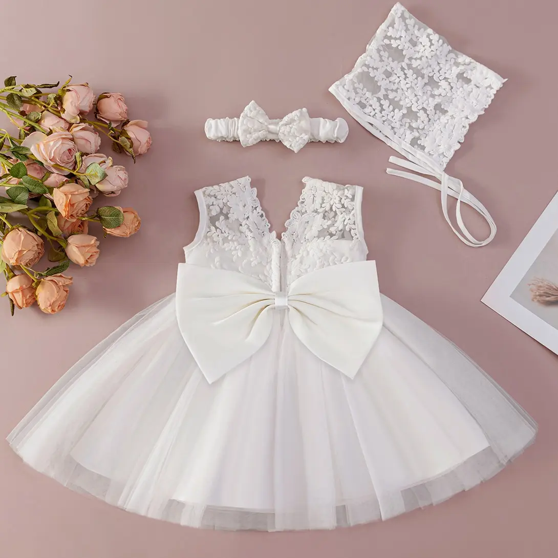 Baby Girls Christening Baptism Dress 3Pcs Embroidery Tulle Dresses for Party Birthday Wedding Infant Gown Toddler Outfit Toddler Pageant Dresses Baby Clothing