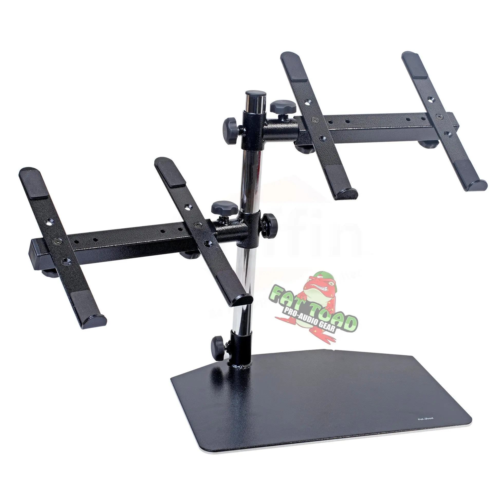 Double DJ Laptop Stand by FAT TOAD | 2 Tier PC Table Holder | Portable Computer Clamp Equipment Rack with Support Mounts for Music Studio Mixers, Controllers, Monitors, & Disc Jockey Booth Gear