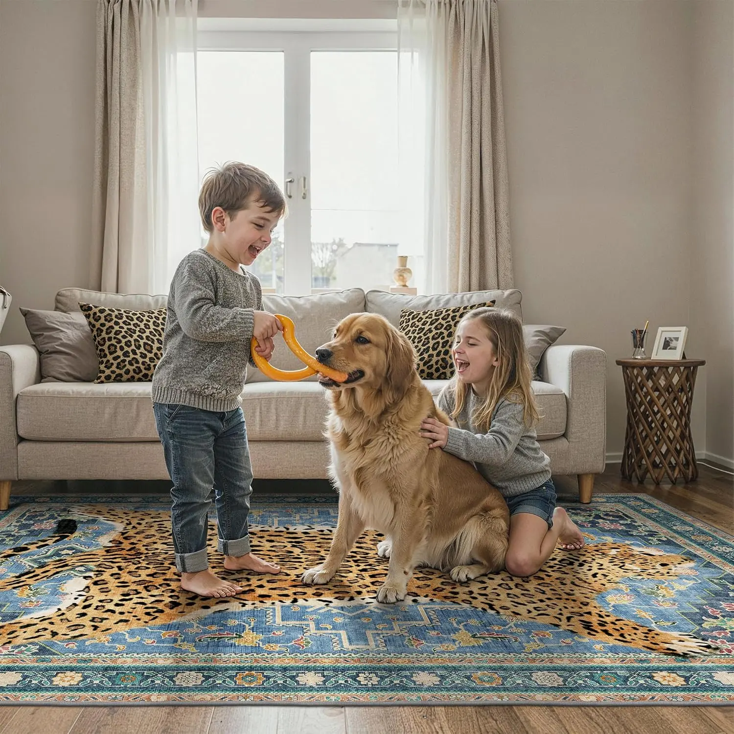 【Deals For You Days】GENIMO Leopard Rug, Machine Washable Soft Cheetah Animal Print Runner Rug Non Slip Boho Low Pile Non-Shedding Hallway Print Woodland Jungle Carpet for Kitchen Entryway Nursery Bedroom,Blue