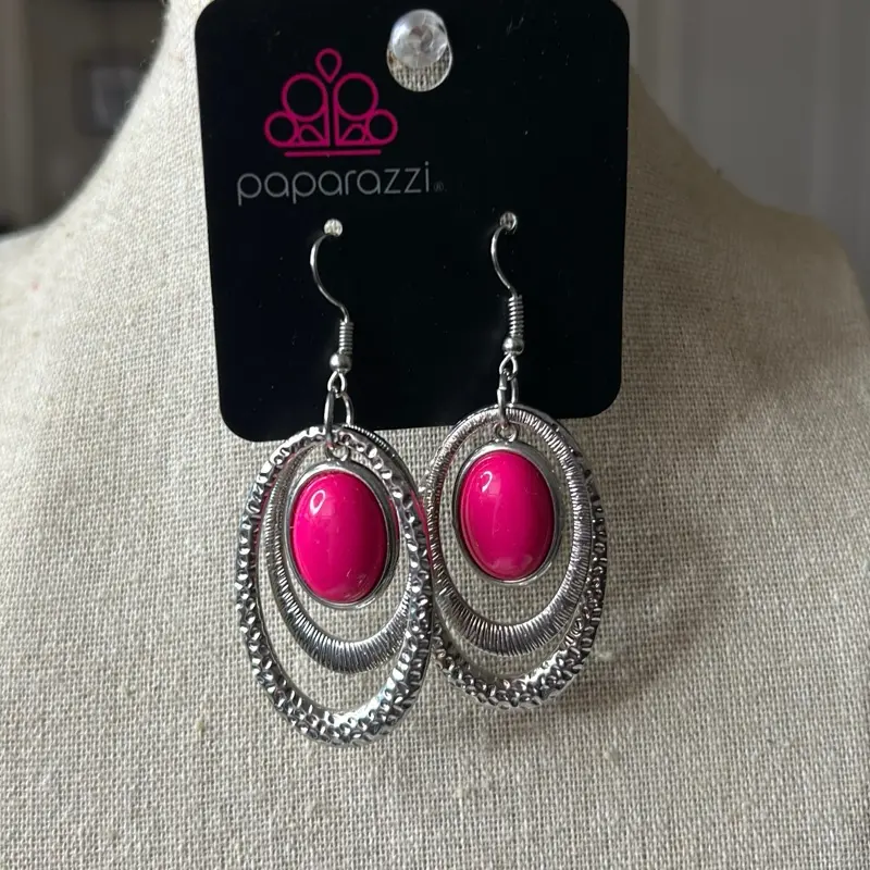 Paparazzi Oval Earrings with Pink Centerpiece