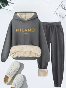 Women's Hooded Sweatshirt Set, Fall Winter Casual Fashion, Thick Knit Long Sleeve Tracksuit, Milano Italy Print, 2 Piece
