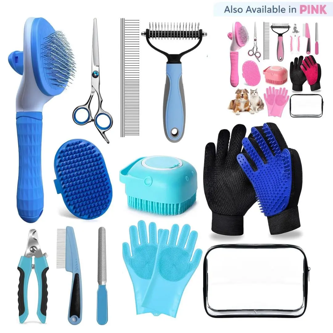 Dog Brush for Shedding 12pcs Bath Grooming Kit with Pet Nail Clipper and File - Dog Bath Brush Cat Grooming Supplies, Dematting Comb Bath Brush Shampoo Scrubber for Dogs and Cats, 13-Pieces