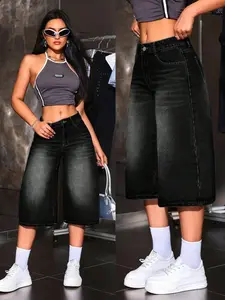 Gradient Wide Leg Jeans Denim Women Mid-Thigh Pants, Casual Loose-Fitting American Vintage Streetwear Style, Solid Pattern, Comfortable Fit, Bottom