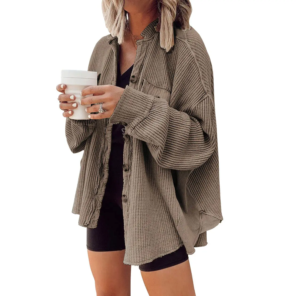 CHOUYATOU Women's Loose Fit Batwing Sleeve Waffle Knit Button Down Shirt Shacket Tops for Spring Fall Winter Casual Chic Office Wear