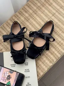 Women's Elegant Square Toe Mary Jane Shoes, Bow Ribbon Strap Ballet Flat, Versatile Soft Rubber Sole Commuter Loafers