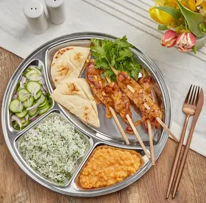 Stainless Steel Round Divided Plate, 4 Compartments, 12.5 Inch, Silver, Mirror Polished, Dishwasher Safe