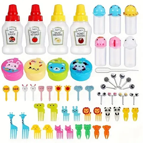 55-Piece Cutlery Set, Tomato Salad Honey Squeeze Bottle, Sauce Bottles, Bento Decorative Cotton Swabs, Animal Fruit Forks, Suitable for Restaurants Outdoor