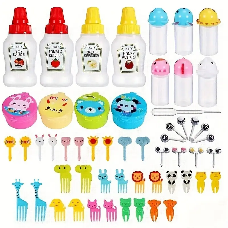 55-Piece Cutlery Set, Tomato Salad Honey Squeeze Bottle, Sauce Bottles, Bento Decorative Cotton Swabs, Animal Fruit Forks, Suitable for Restaurants Outdoor