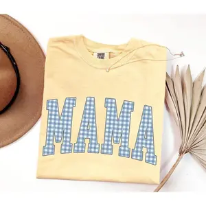 (Print) Comfort Colors Gingham Mama Shirt, Cute Mom Graphic Tee, Mother’s Day Gift for New Moms, Baby Shower Present, Women Outfit, Minimalist T-Shirt