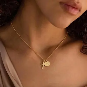14K Gold Plated Cross Initial Necklace for Women Dainty Disc Letter Charm Pendant Necklaces Trendy Faith Jewelry Gifts for Women Girls