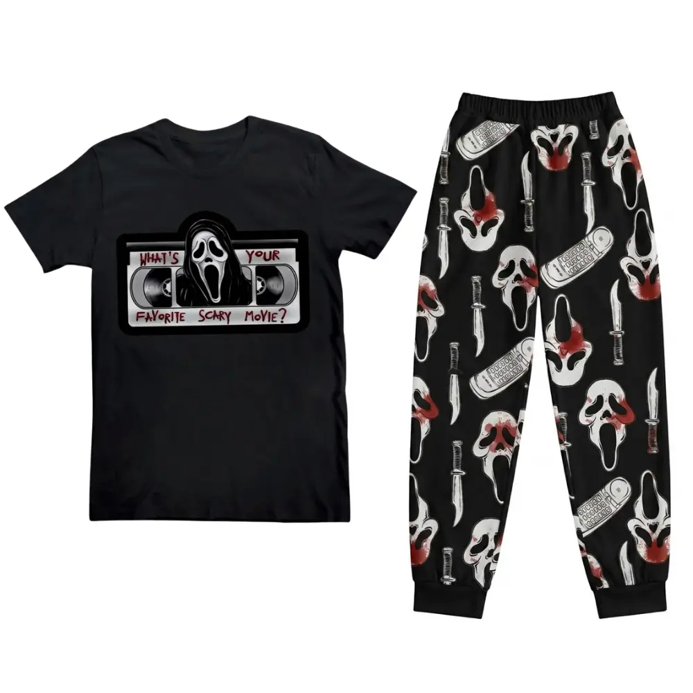 Ghostface T-Shirt Pajama Set, Scream Favorite Scary Movie Mask Knife and Phone Halloween Design, Gift for Horror Movie Fans